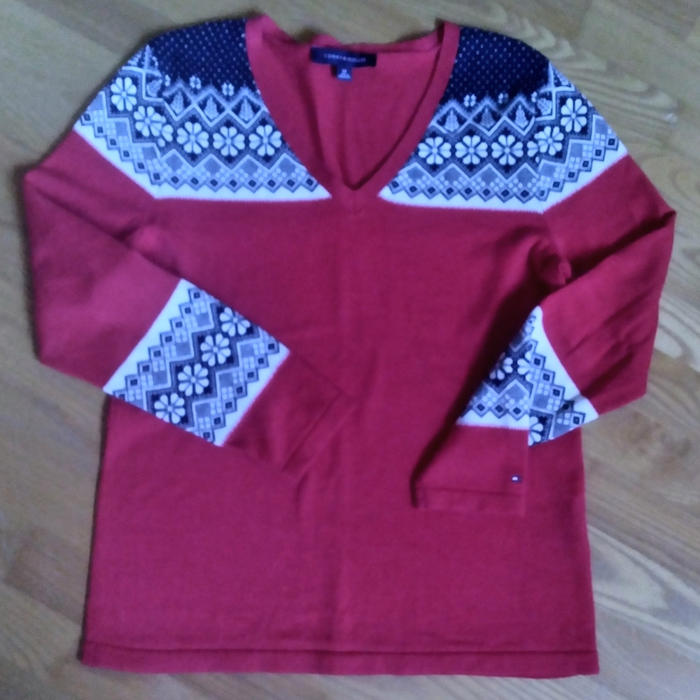 Tommy Hilfiger Americana‎ Red Blue Fairisle VNeck Winter Holiday Sweater Small